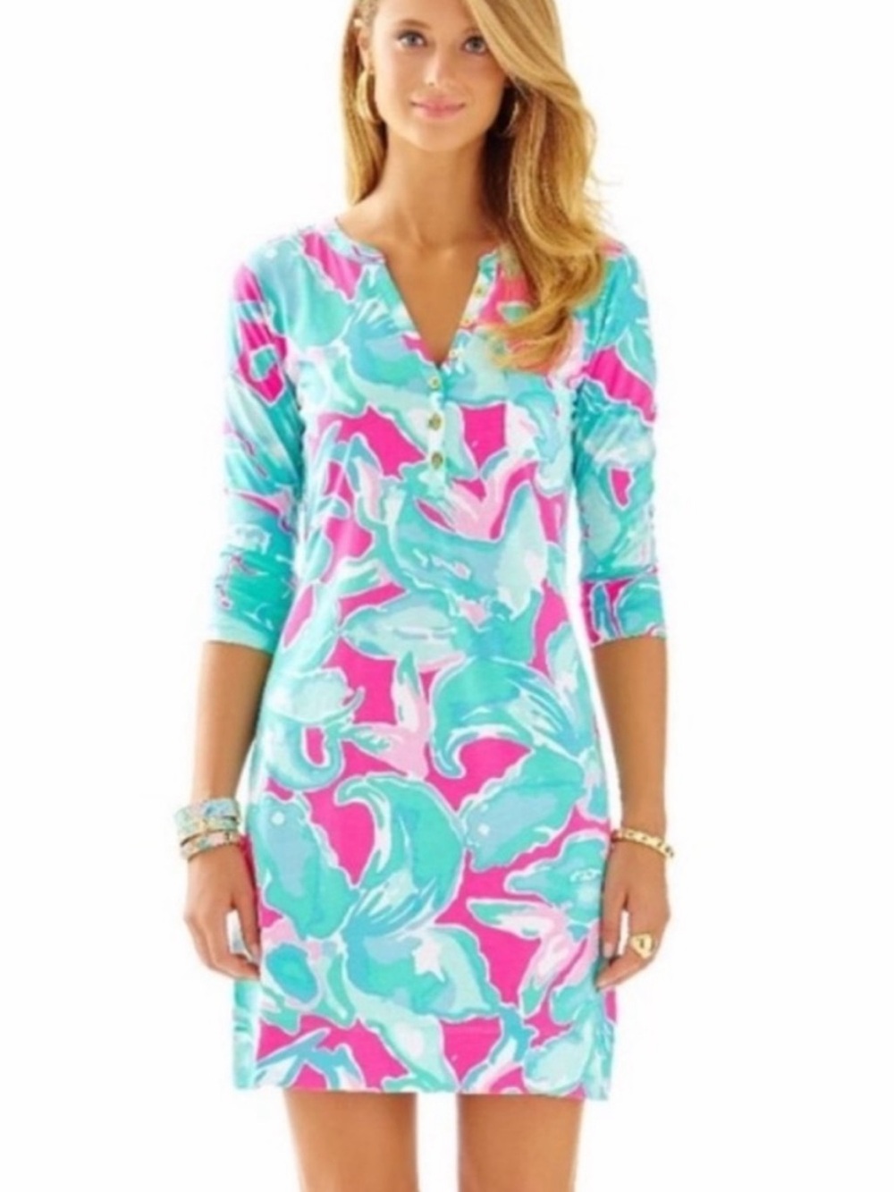 ·Lilly Pulitzer· Pink and Blue V-Neck Gold Buttons 3/4 Sleeve Dress Size XS